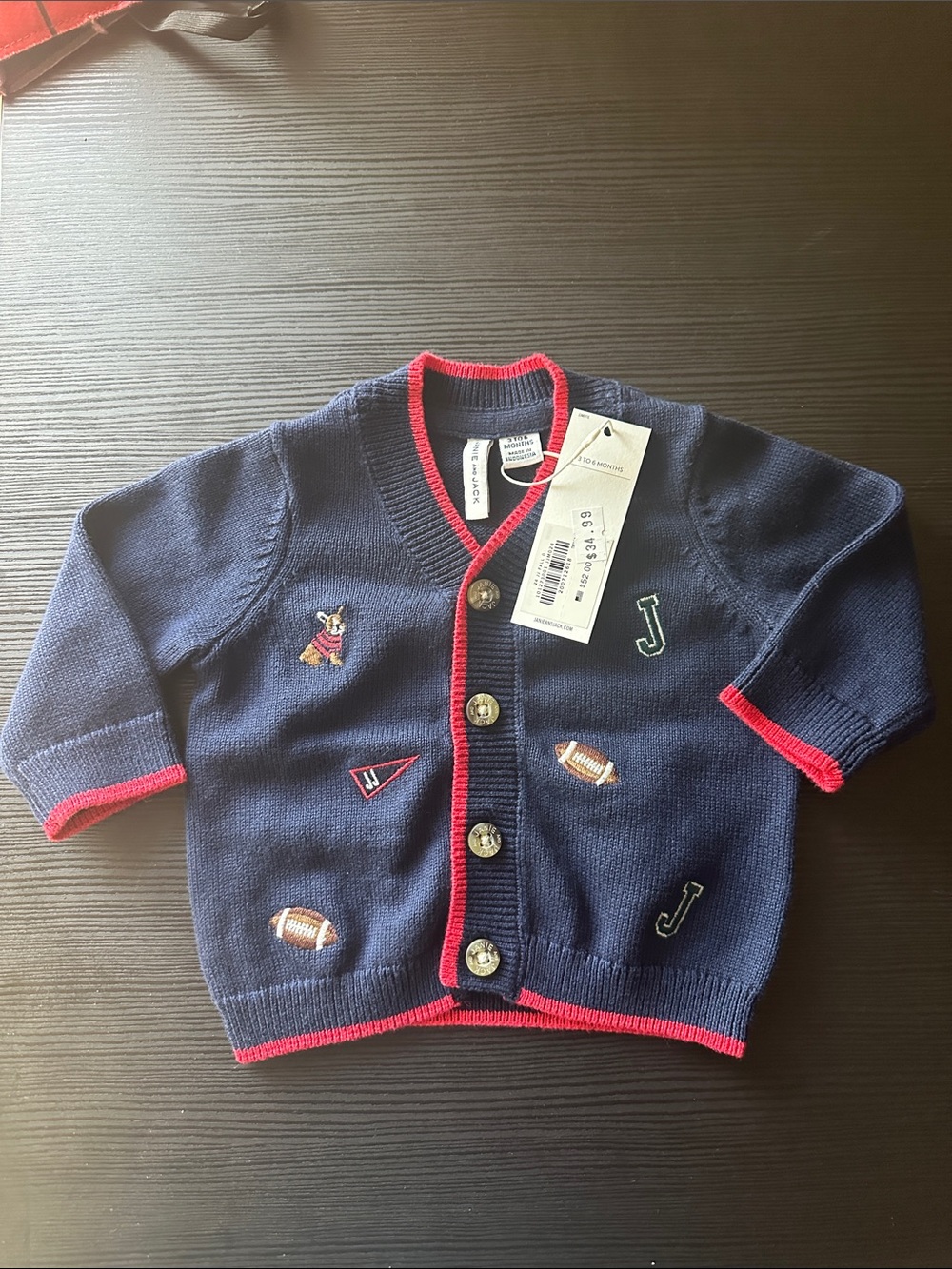 JANIE AND JACK Navy Knit Baby Cardigan Red Trim Football Embroidery size 3-6m